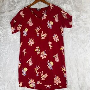 Madewell Burgundy Tropical Floral V Neck Short Sleeve Shift Dress Women Small